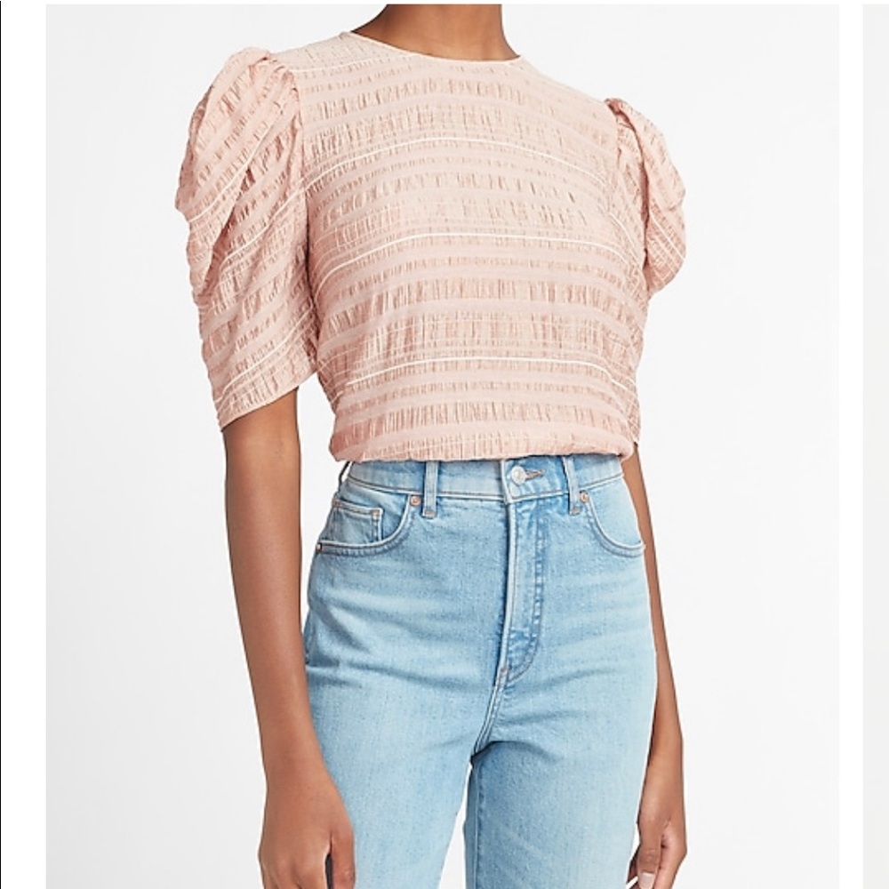 Express Textured Puff Sleeve Crew Neck Top S NWOT